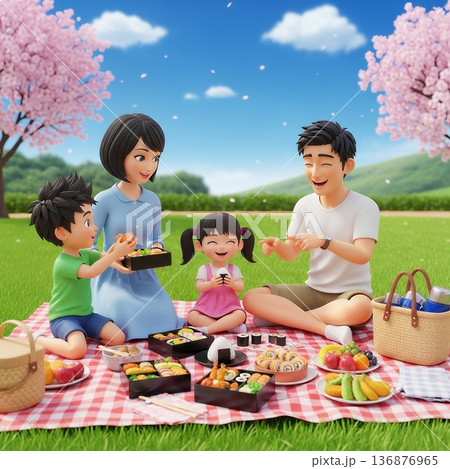 公園でレジャーシートに座り食事をする子供連れの家族 公園でレジャーシートに座り食事をする子供連れの家族 136876965