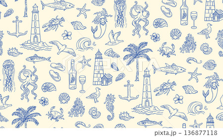 Hand Drawn Coastal Living Seamless Pattern Ocean Doodle Mediterranean Summer Mood Seaside Aesthetic 136877118