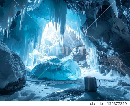 極寒の氷の洞窟に置かれたキャンプ用の鍋とマグカップ 136877239