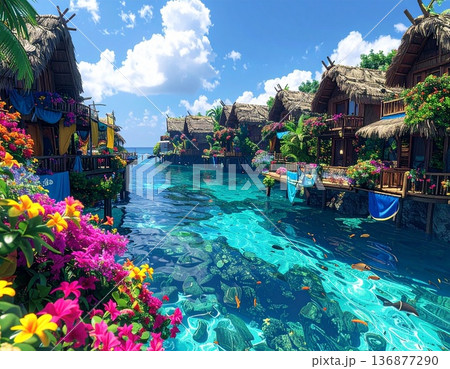 透き通る海に並ぶ色鮮やかな花々に囲まれた水上コテージ 136877290