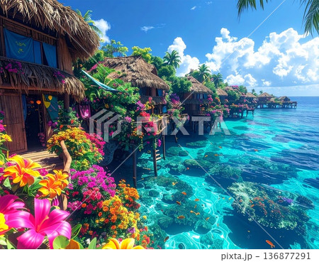 透き通る海に並ぶ色鮮やかな花々に囲まれた水上コテージ 136877291