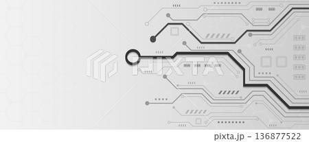 Grey circuit board lines with bold black data path on white background Grey circuit board lines with bold black data path on white background 136877522