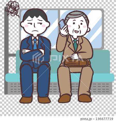 Illustration of an office worker talking on a train and annoyed passengers Illustration of an office worker talking on a train and annoyed passengers 136877719
