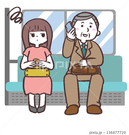 電車内で通話する会社員と迷惑する乗客女性のイラスト 電車内で通話する会社員と迷惑する乗客女性のイラスト 136877720