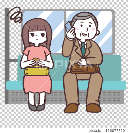 電車内で通話する会社員と迷惑する乗客女性のイラスト 電車内で通話する会社員と迷惑する乗客女性のイラスト 136877720