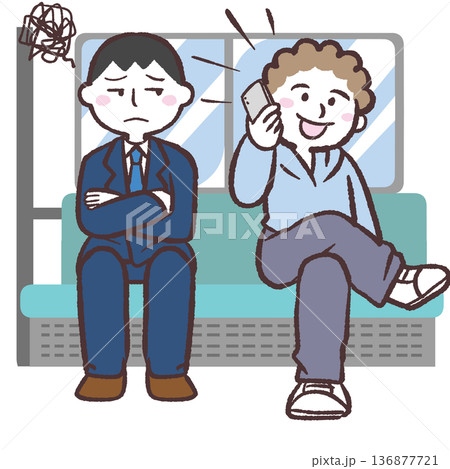 電車内で通話する人と迷惑する乗客のイラスト 電車内で通話する人と迷惑する乗客のイラスト 136877721