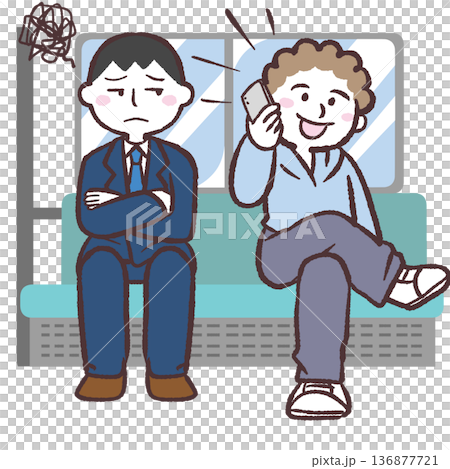 電車内で通話する人と迷惑する乗客のイラスト 電車内で通話する人と迷惑する乗客のイラスト 136877721