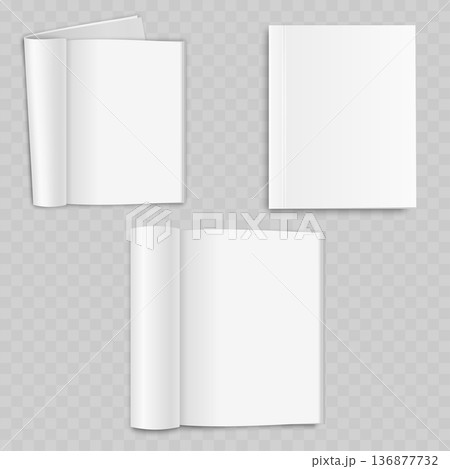 Realistic White Magazine Mockup Set. Vector Open, Closed and Rolled Brochure Templates. Realistic White Magazine Mockup Set. Vector Open, Closed and Rolled Brochure Templates. 136877732
