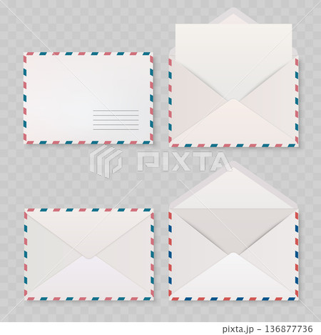 Realistic Airmail Envelope Mockup Set. Vector Red and Blue Striped Mail Templates with Open and Closed Flaps. Realistic Airmail Envelope Mockup Set. Vector Red and Blue Striped Mail Templates with Open and Closed Flaps. 136877736