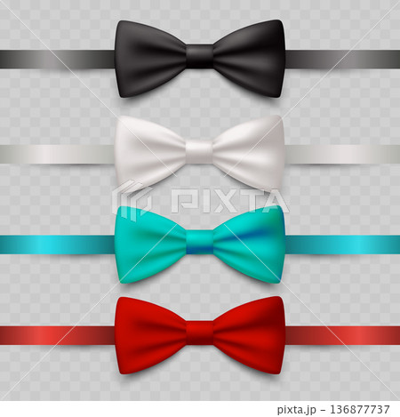 Realistic Satin Bow Tie Set with Ribbons. Vector Black, White, Red and Teal Silk Knots for Tuxedo or Gift. Realistic Satin Bow Tie Set with Ribbons. Vector Black, White, Red and Teal Silk Knots for Tuxedo or Gift. 136877737