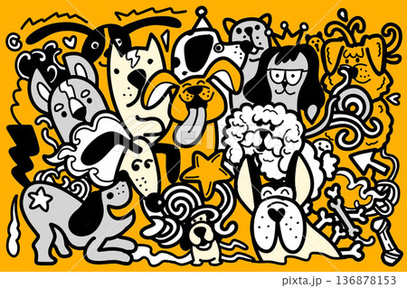 Playful dog cartoon, doodle art, happy animals, black and white with yellow background 136878153