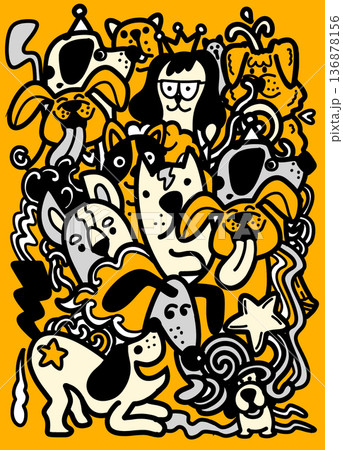 Dog cartoon doodle illustration playful happy animal cute yellow background creative art fun Dog cartoon doodle illustration playful happy animal cute yellow background creative art fun 136878156