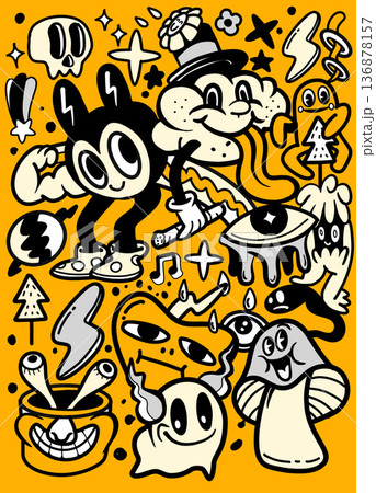 Cartoon character, mushroom, ghost, lightning, eye, and skull in playful doodle art style Cartoon character, mushroom, ghost, lightning, eye, and skull in playful doodle art style 136878157