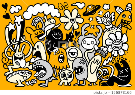 Cartoon monster doodle flower cloud happy funny playful yellow background creative art 136878166