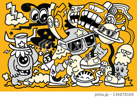 Cartoon monster doodle snail sunglasses hat cloud spaceship playful yellow background Cartoon monster doodle snail sunglasses hat cloud spaceship playful yellow background 136878168