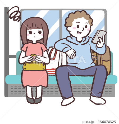 電車内で場所を取る荷物の多い乗客に迷惑する女性のイラスト 136878325