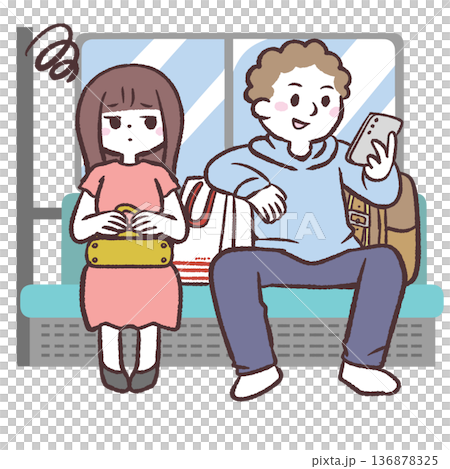 Illustration of a woman being annoyed by passengers with lots of luggage taking up space on the train Illustration of a woman being annoyed by passengers with lots of luggage taking up space on the train 136878325