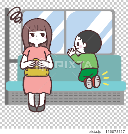 Illustration of a child and a woman riding in a train with their shoes on Illustration of a child and a woman riding in a train with their shoes on 136878327