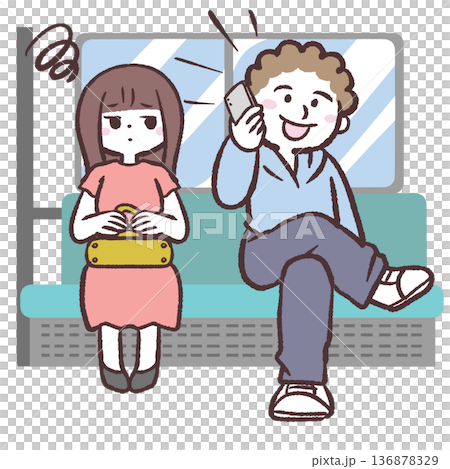 插圖描繪了一位女士因火車上有人說話而感到惱火的情景。 136878329