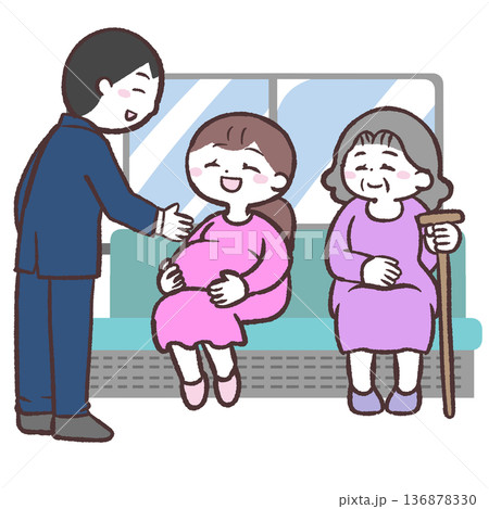 妊婦に席を譲る男性のイラスト 妊婦に席を譲る男性のイラスト 136878330