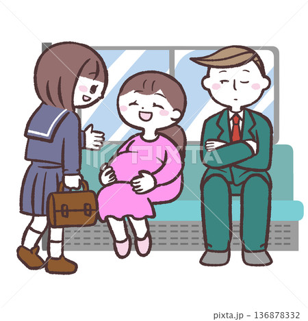 妊婦に席を譲る学生と譲らない男性のイラスト 妊婦に席を譲る学生と譲らない男性のイラスト 136878332