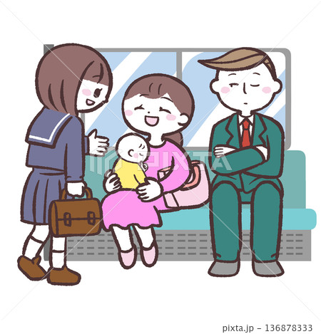 赤ちゃん連れの女性に席を譲る学生のイラスト 136878333