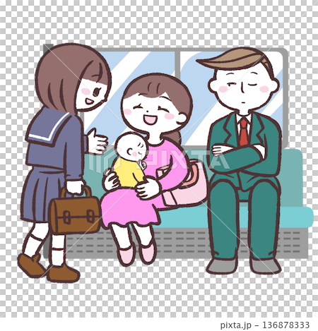 赤ちゃん連れの女性に席を譲る学生のイラスト 136878333