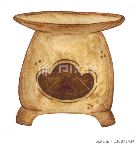 Brown clay Chinese teapot chafing dish. Hand-drawn watercolor illustration, cartoon. Design for stickers, cards, posters, scrapbooking. Food, China, ceremony, tea party, China, Japan Brown clay Chinese teapot chafing dish. Hand-drawn watercolor illustration, cartoon. Design for stickers, cards, posters, scrapbooking. Food, China, ceremony, tea party, China, Japan 136878434
