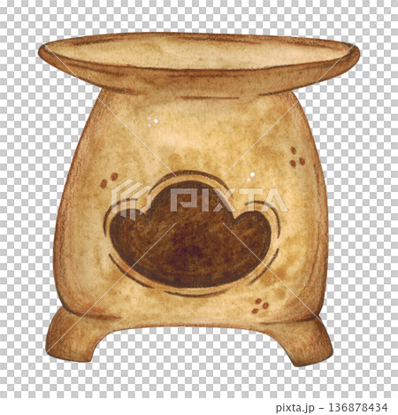 Brown clay Chinese teapot chafing dish. Hand-drawn watercolor illustration, cartoon. Design for stickers, cards, posters, scrapbooking. Food, China, ceremony, tea party, China, Japan Brown clay Chinese teapot chafing dish. Hand-drawn watercolor illustration, cartoon. Design for stickers, cards, posters, scrapbooking. Food, China, ceremony, tea party, China, Japan 136878434
