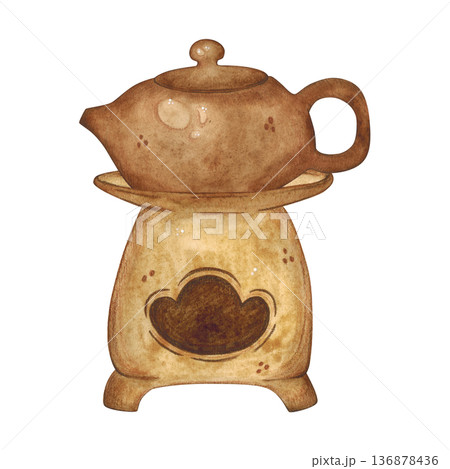 A Chinese teapot on a brazier. Hand-drawn watercolor illustration, cartoon. Design for stickers, cards, posters, scrapbooking. Food, China, ceremony, tea party, China, Japan 136878436