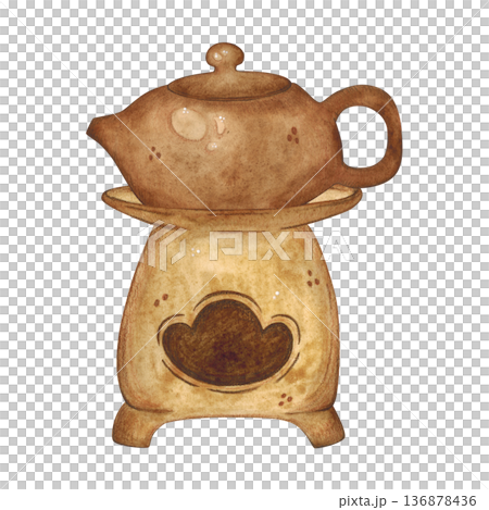 A Chinese teapot on a brazier. Hand-drawn watercolor illustration, cartoon. Design for stickers, cards, posters, scrapbooking. Food, China, ceremony, tea party, China, Japan 136878436