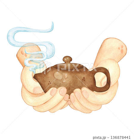 Hands holding a Chinese ceramic teapot. Hand-drawn watercolor illustration, cartoon. Design for stickers, cards, posters, scrapbooking. Food, China, ceremony, treat, tea party Hands holding a Chinese ceramic teapot. Hand-drawn watercolor illustration, cartoon. Design for stickers, cards, posters, scrapbooking. Food, China, ceremony, treat, tea party 136878441