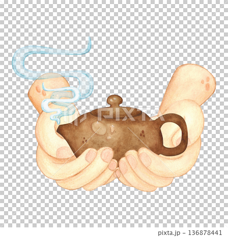 Hands holding a Chinese ceramic teapot. Hand-drawn watercolor illustration, cartoon. Design for stickers, cards, posters, scrapbooking. Food, China, ceremony, treat, tea party Hands holding a Chinese ceramic teapot. Hand-drawn watercolor illustration, cartoon. Design for stickers, cards, posters, scrapbooking. Food, China, ceremony, treat, tea party 136878441