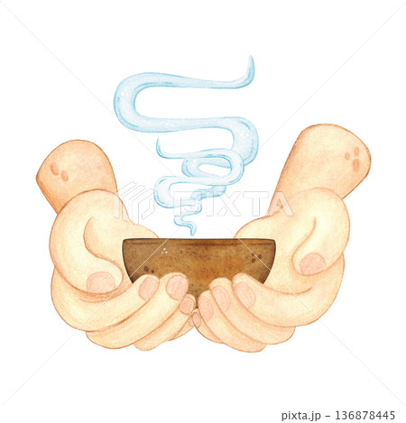 Hands holding a cup of hot China tea. Hand-drawn watercolor illustration, cartoon. Design for stickers, cards, posters, scrapbooking. Food, China, holiday, treat, tea party 136878445