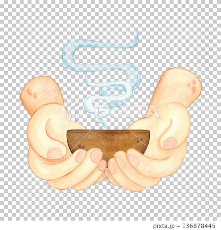 Hands holding a cup of hot China tea. Hand-drawn watercolor illustration, cartoon. Design for stickers, cards, posters, scrapbooking. Food, China, holiday, treat, tea party 136878445