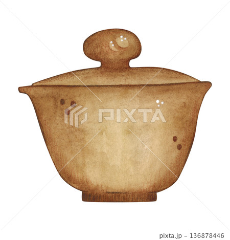 Brown clay Chinese gaiwan. Hand-drawn watercolor illustration, cartoon. Design for stickers, cards, posters, scrapbooking. Food, China, ceremony, tea party, China, India, Japan 136878446