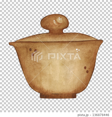 Brown clay Chinese gaiwan. Hand-drawn watercolor illustration, cartoon. Design for stickers, cards, posters, scrapbooking. Food, China, ceremony, tea party, China, India, Japan 136878446