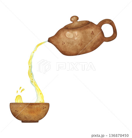A stream of tea is poured from a teapot into a bowl. Hand-drawn watercolor illustration, cartoon. Design for sticker, card, poster, scrapbooking. Food, China, ceremony, tea party, China, India, Japan 136878450