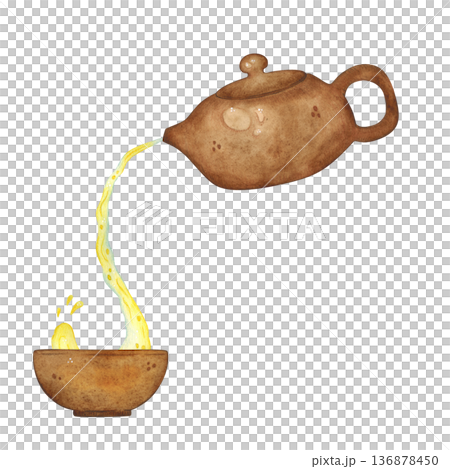 A stream of tea is poured from a teapot into a bowl. Hand-drawn watercolor illustration, cartoon. Design for sticker, card, poster, scrapbooking. Food, China, ceremony, tea party, China, India, Japan A stream of tea is poured from a teapot into a bowl. Hand-drawn watercolor illustration, cartoon. Design for sticker, card, poster, scrapbooking. Food, China, ceremony, tea party, China, India, Japan 136878450
