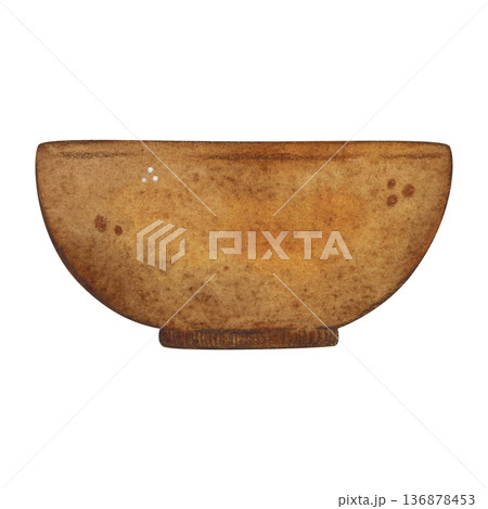 Brown clay Chinese tea bowl. Hand-drawn watercolor illustration, cartoon. Design for stickers, cards, posters, scrapbooking. Food, China, ceremony, tea drinking, China, India, Japan Brown clay Chinese tea bowl. Hand-drawn watercolor illustration, cartoon. Design for stickers, cards, posters, scrapbooking. Food, China, ceremony, tea drinking, China, India, Japan 136878453