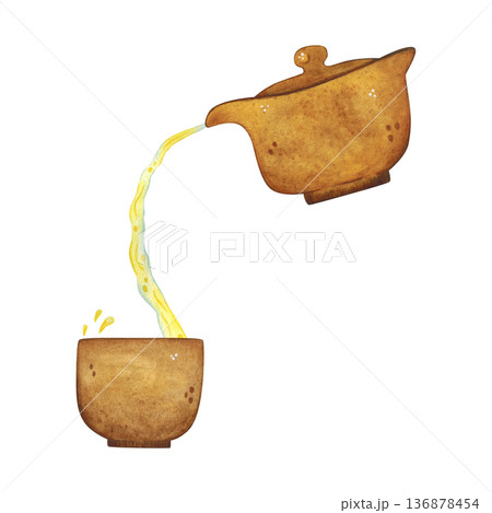 A stream of tea pours from a teapot into a cup. Hand-drawn watercolor illustration, cartoon. Design for stickers, cards, posters, scrapbooking. Food, China, ceremony, tea party, China, India, Japan A stream of tea pours from a teapot into a cup. Hand-drawn watercolor illustration, cartoon. Design for stickers, cards, posters, scrapbooking. Food, China, ceremony, tea party, China, India, Japan 136878454