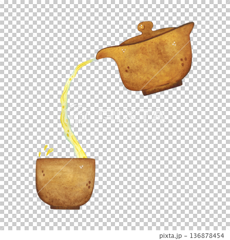 A stream of tea pours from a teapot into a cup. Hand-drawn watercolor illustration, cartoon. Design for stickers, cards, posters, scrapbooking. Food, China, ceremony, tea party, China, India, Japan A stream of tea pours from a teapot into a cup. Hand-drawn watercolor illustration, cartoon. Design for stickers, cards, posters, scrapbooking. Food, China, ceremony, tea party, China, India, Japan 136878454