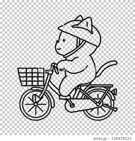 Cute cat riding a wheel - line drawing 136878522