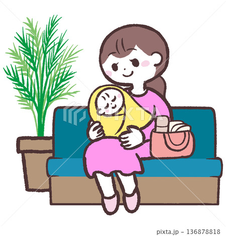 赤ちゃんを抱っこした女性がロビーで座るイラスト 赤ちゃんを抱っこした女性がロビーで座るイラスト 136878818