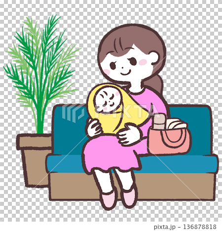 Illustration of a woman holding a baby sitting in a lobby 136878818