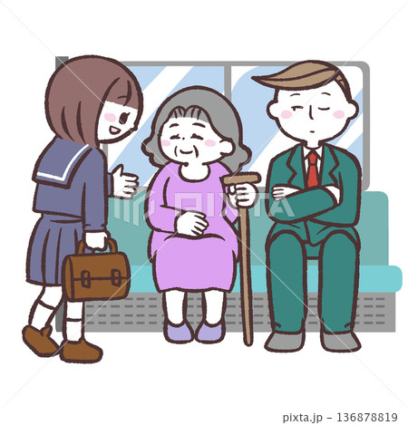 シニア女性に席を譲る学生のイラスト 136878819