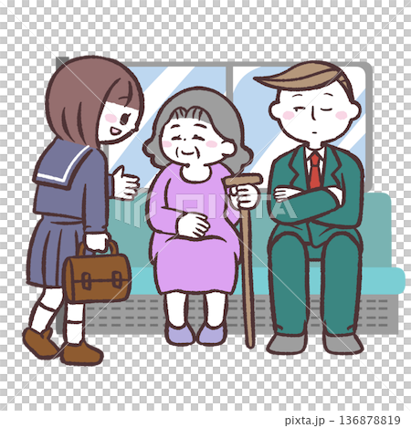 シニア女性に席を譲る学生のイラスト 136878819