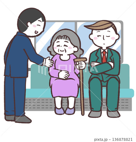 シニア女性に席を譲る男性のイラスト シニア女性に席を譲る男性のイラスト 136878821
