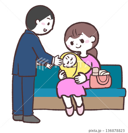赤ちゃんを抱っこするお母さんと男性のイラスト 赤ちゃんを抱っこするお母さんと男性のイラスト 136878823