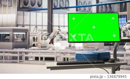 Chroma key mockup display in industry 4.0 solar panels plant troubleshooting equipment malfunctions. Green screen in smart photovoltaics factory alerting in case of maintenance need, zoom in shot 136879945